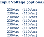 Input Voltage (options)  230Vac   (110Vac) 230Vac   (110Vac) 230Vac   (110Vac) 230Vac   (110Vac) 230Vac   (110Vac) 230Vac   (110Vac) 230Vac   (110Vac) 230Vac   (110Vac)